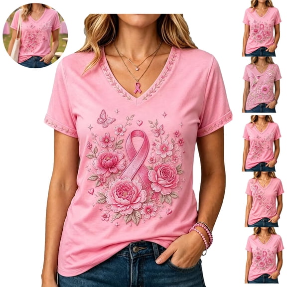 Mfakffe Breast Cancer Shirts for Women Breast Cancer Awareness V Neck Short Sleeve T-Shirt Floral Pink Ribbon Embroidery Effect Casual Loose Tee