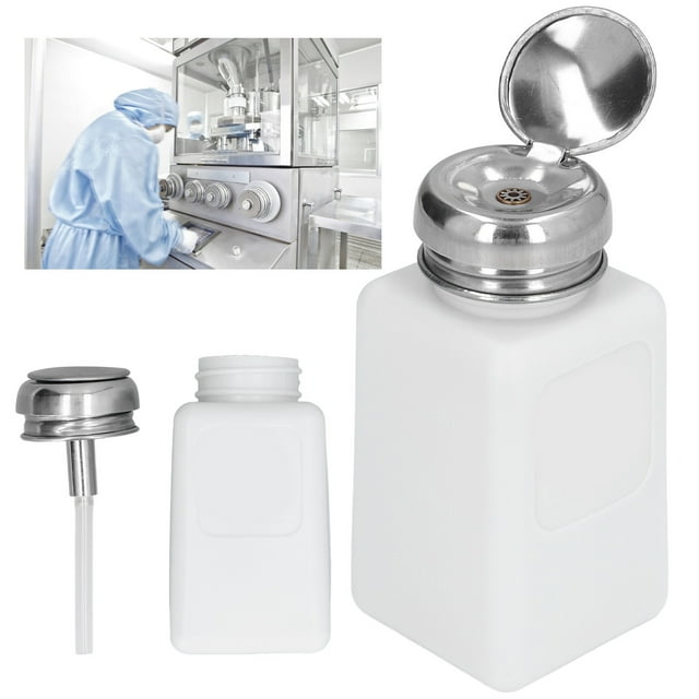 200ML Solvent Dispenser Press Type Square Anti Static Liquid DispenserPumping Empty ESD Safe Square Bottle with Stainless Steel Lid for Alcohol Makeup Remover