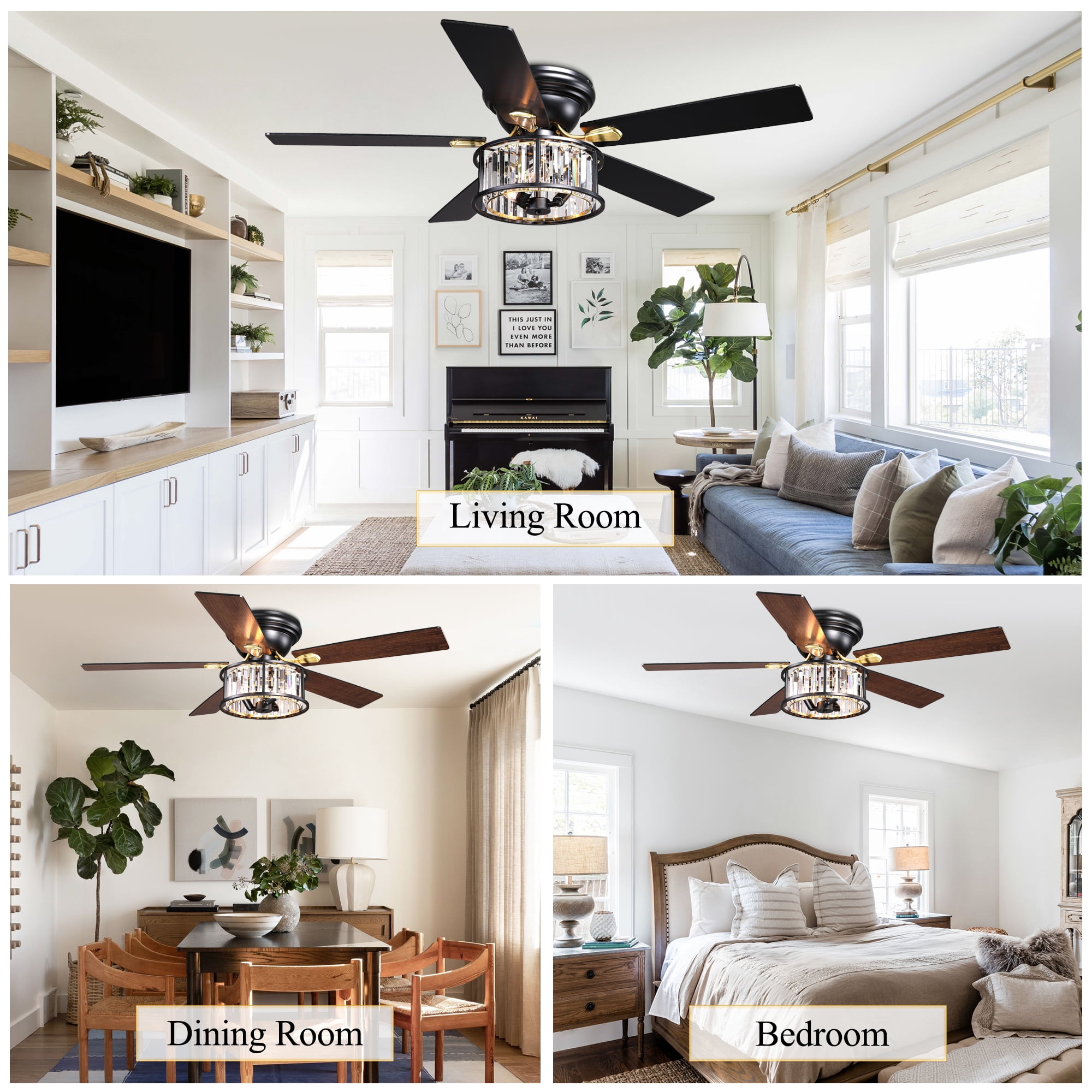 Chords Attic 52" Black Crystal Flush Mount Ceiling Fan with Light and Remote Control, Low Profile Fandelier Ceiling Fan with 6-Speed DC Motor for Living Room, Bedroom