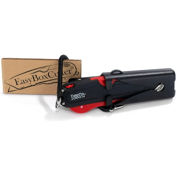 Modern Box Cutter, Extra Tape Cutter at Back, Dual Side Edge Guide, 3 Blade Depth Setting, 2 Blades and Holster - Red Color 2000