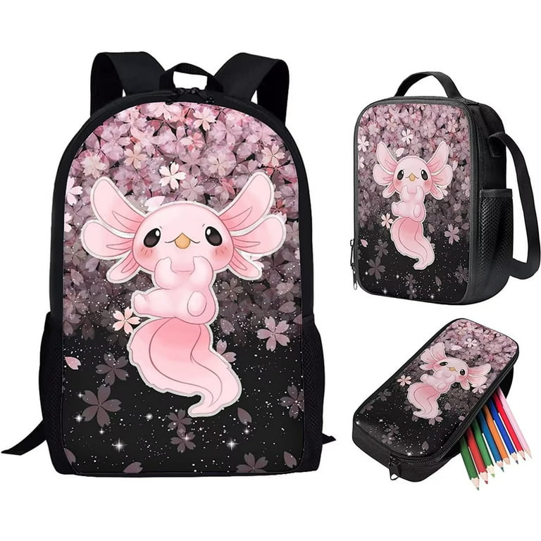 Renewold Sakura Axolotl Kids Backpacks Girls Bookbags with Insulated Lunch  Bag Pen Case Daypack for Child Outdoor Sports Travel Pink Cherry Blossom