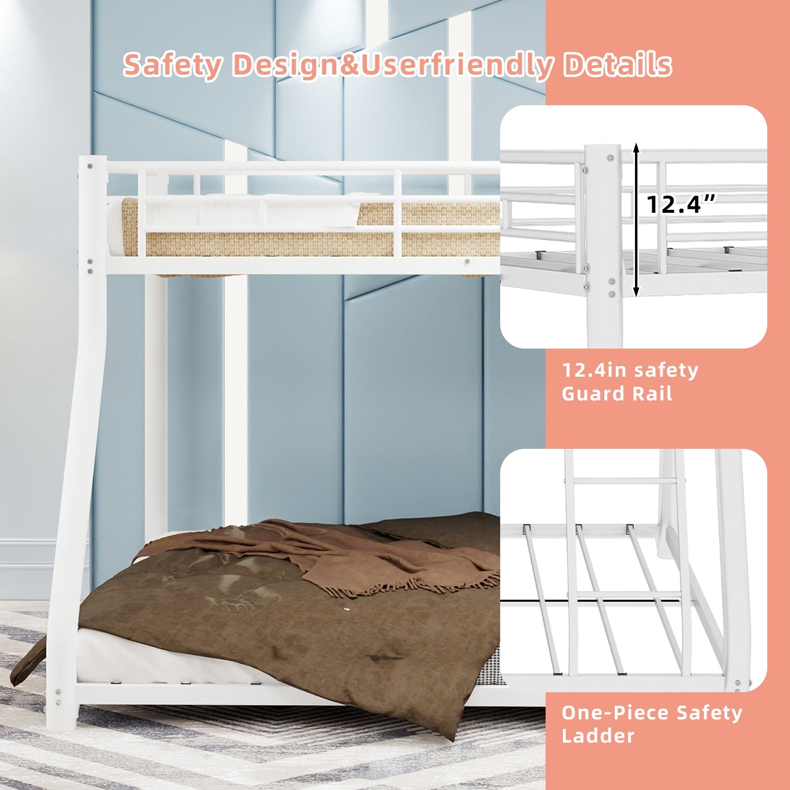 Metal Bunk Bed Twin Over Full Size with Removable Stairs, Heavy Duty Sturdy Frame with 12" Under-Bed Storage for Teen & Adults, Teens, No Box Spring Needed, White
