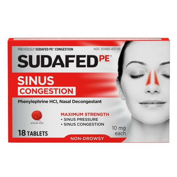Sudafed PE Max Strength Non-Drowsy Sinus Decongestant Tablets, 18 Count