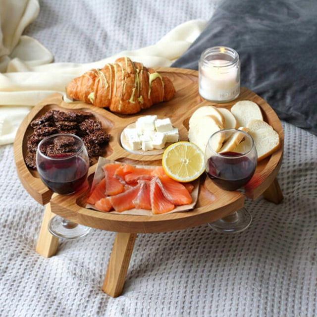 ¡Compre 2 y obtenga 3! Mesa de picnic plegable al aire libre de madera con soporte de vidrio 2 en 1 estante para copas de vino