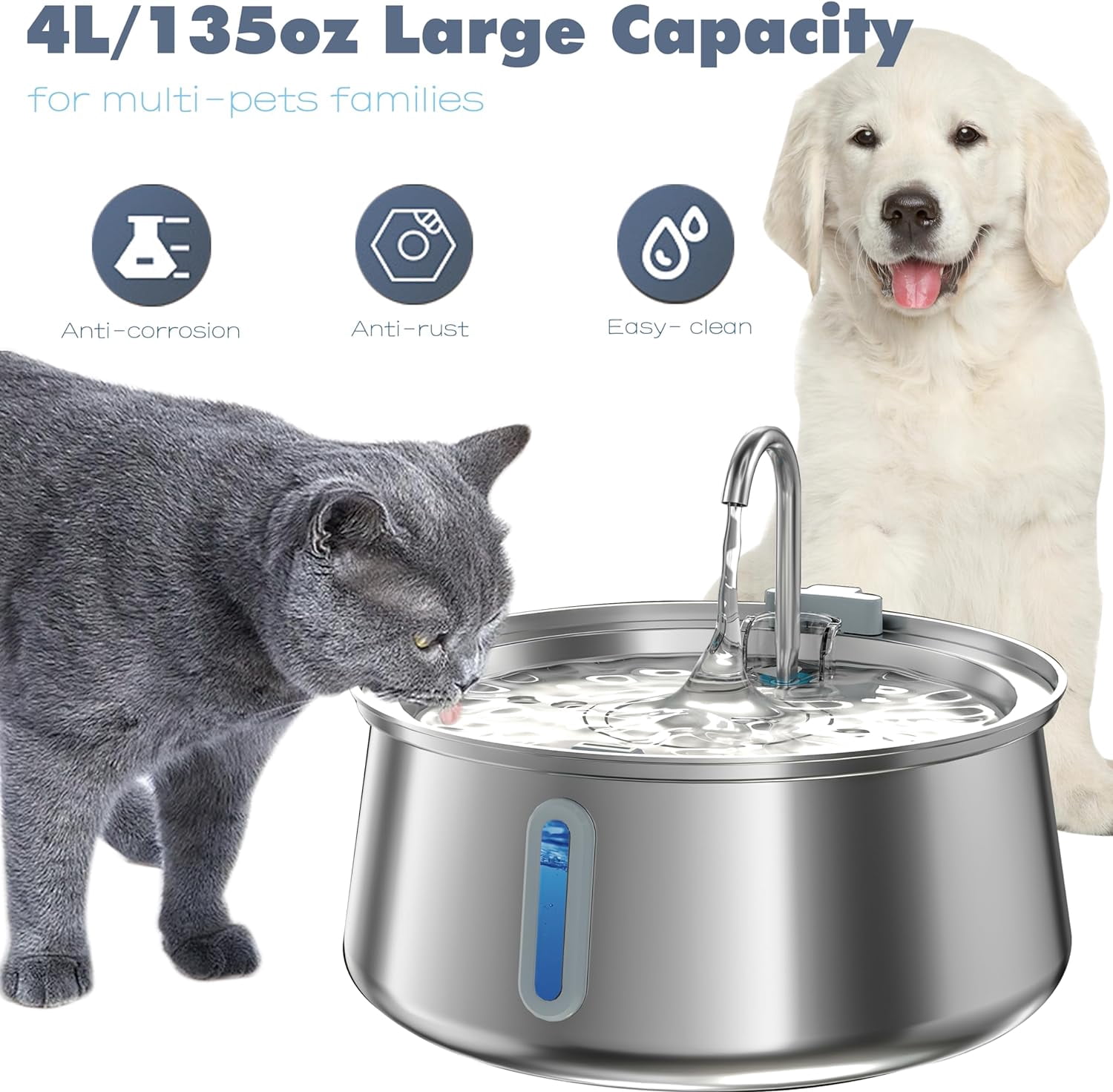 Stainless Steel Cat Water Fountain,Pet Water Fountain 4L/135oz Large Capacity,Dog Water Dispenser with Water Level Window, Multiple Filtration, Quiet Automatic Pet Fountain Easy Clean,2Faucet