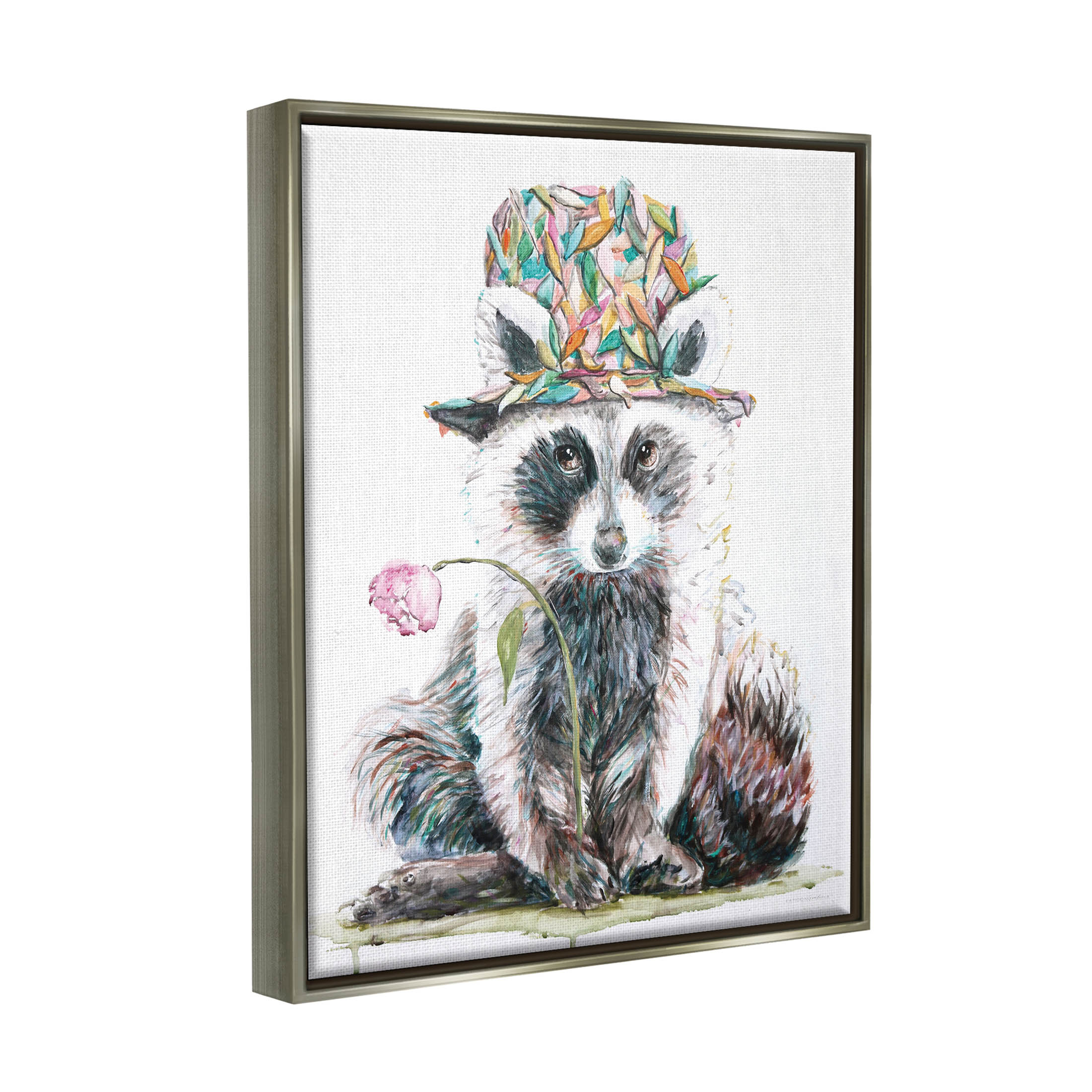 Raccoon Pink Blossom Hat Animals & Insects Graphic Art Luster Gray Framed Art Print Wall Art