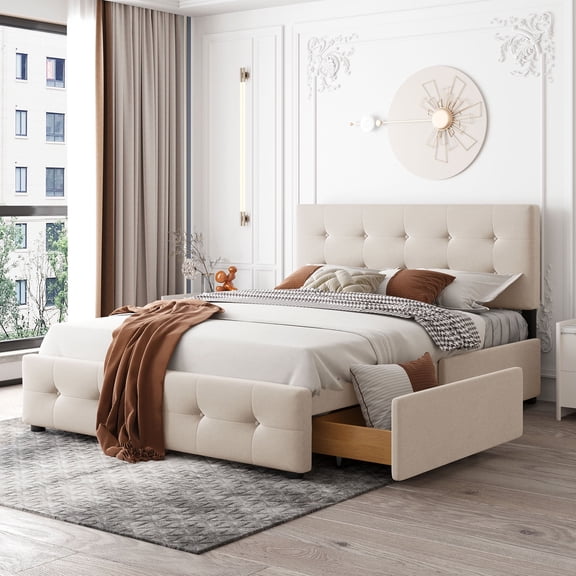 Harper & Bright Designs Queen Size Upholstered Platform Bed with Storage Drawers, Linen Queen Wooden Bed Frame for Bedroom, Beige