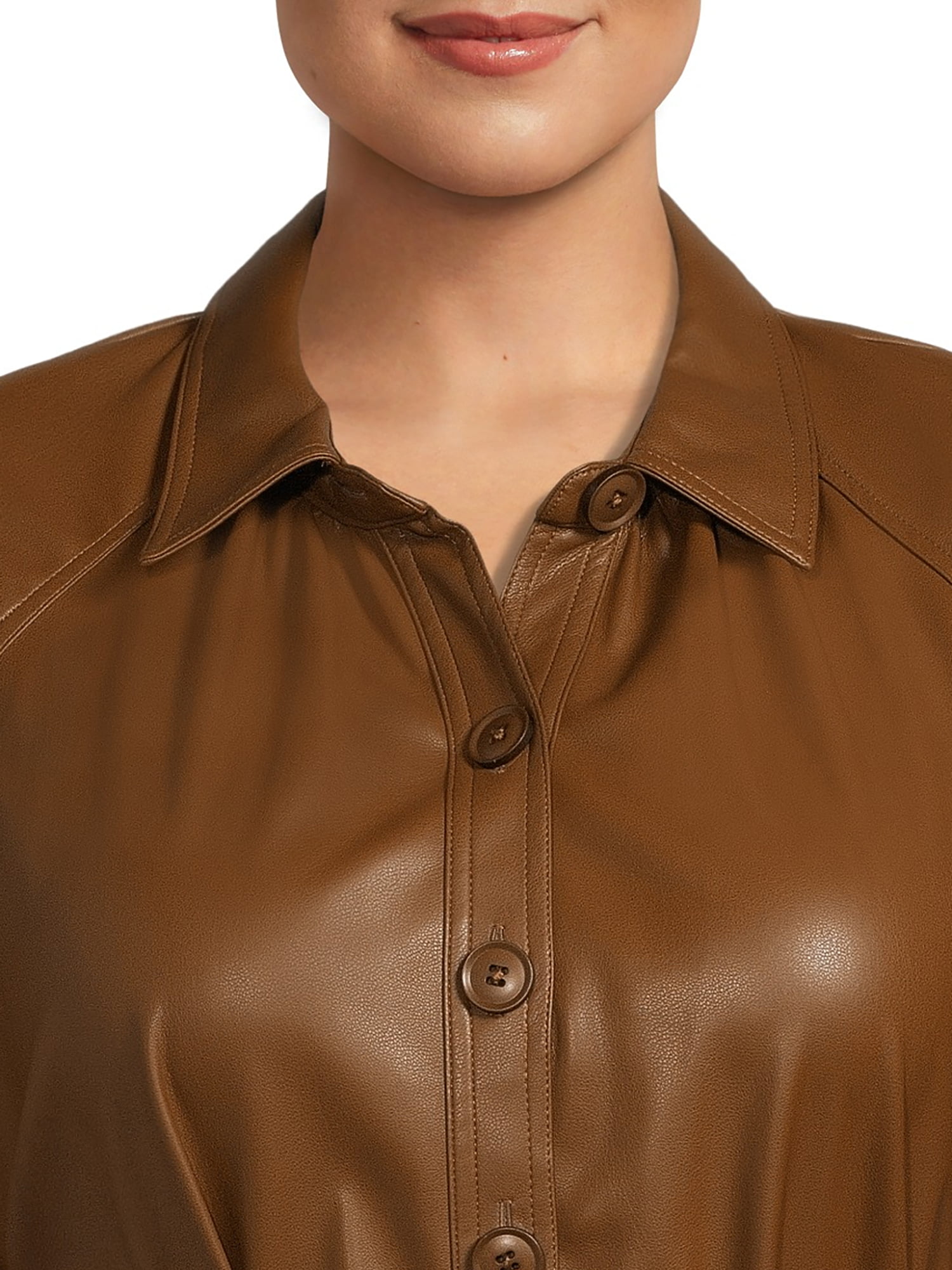 Terra & Sky Women's Plus Size Vegan Faux Leather Shirt Dress