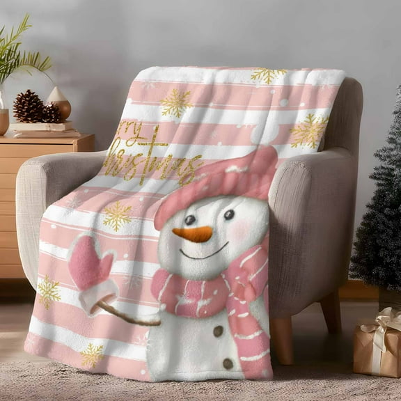Throw Blanket Fleece Throw Blanket 50x60in, Christmas Snowman Snowflakes Soft Lightweight Bed Blankets Pink White Stripe Fuzzy Couch Blankets for All Season