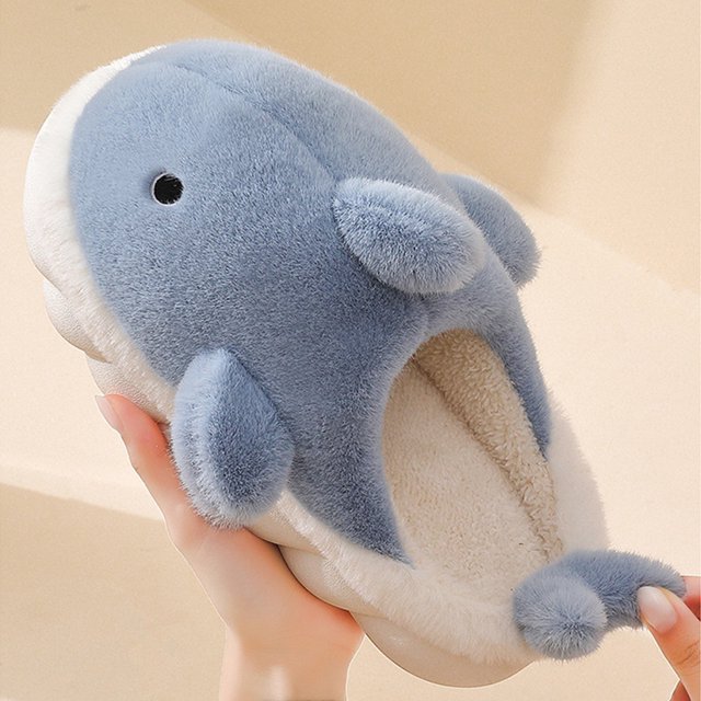 Pantuflas Divertidas De Algodón Con Tiburón Cute Shark Home Zapatos de felpa Cómoda zapatilla de algodón cálida y peluda (Azul 44 45)