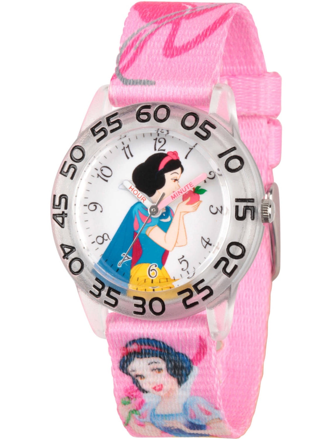 Princess Snow White Girls' Clear Plastic Time Teacher Watch, Pink Fabric Strap