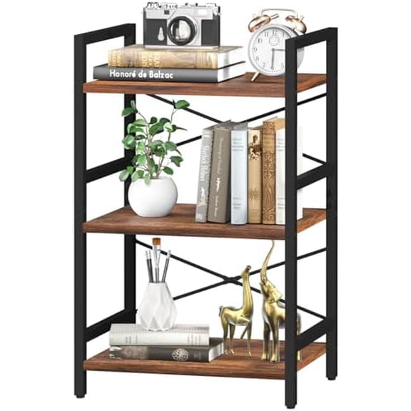 Bookshelf Small Book Shelf, Solid Industrial 3 Tier Shelf Bookcase, Short Book Case for Bedroom, Living Room, Office Home, Small Spaces, Berry Brown
