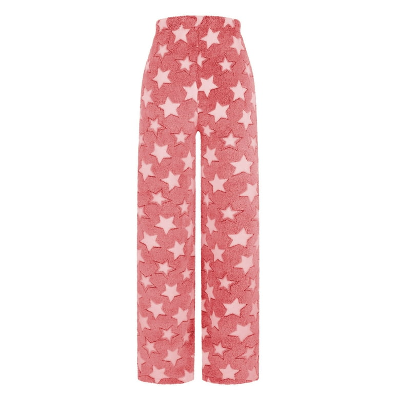 Womens Pajama Pants Star Pattern Plush Warm High Waistband Elastic