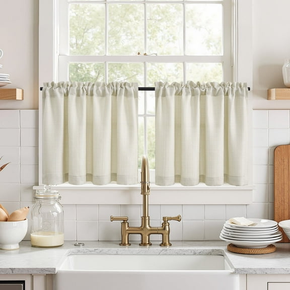 Curtainking Beige Kitchen Curtains 24 inch Linen Textured Cafe Curtains for Bathroom Farmhouse Light Filtering Tier Curtains Rod Pocket 2 Panels
