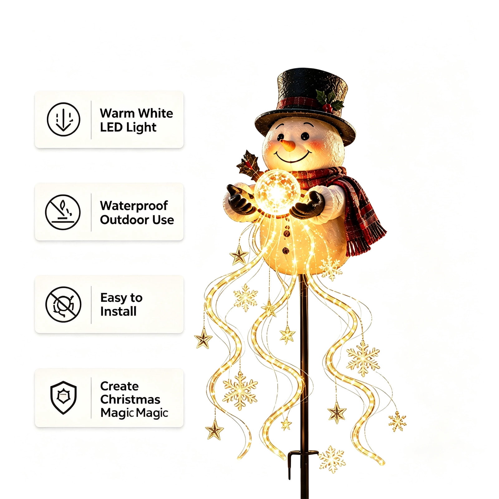 FeiBiQiuBi Snowman Magic Fountain Garden Light, Flowing Snowflake LED Christmas Stake Light with Cascading Stars, Warm Glow, Solar Power and Outdoor Garden Stake for Christmas Yard Decor