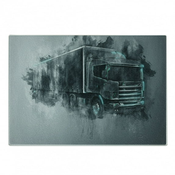 Truck Cutting Board, Greyscale Illustration of a Tractor Trailer with Paint Smears Cargo Delivery, Decorative Tempered Glass Cutting and Serving Board, Small Size, Grey Turquoise, by Ambesonne