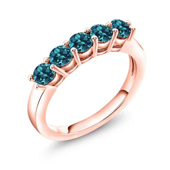 Gem Stone King 18K Rose Gold Plated Silver London Blue Topaz 5-Stone Wedding Anniversary Band Ring for Women (1.10 Cttw, Gemstone November Birthstone, Size 9)