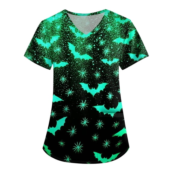 Scrub Top Women Halloween Print V Neck Short Sleeve Work Top for Casual Everyday Wear