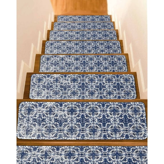Blue Abstract, Stair Treads for Wooden Steps Indoor Runner Rug Carpet, Traditional Geometric Native Printing 10 Pieces Peel and Stick Staircase Step Treads Covers Washable Throw Door Mats, 30"x8"