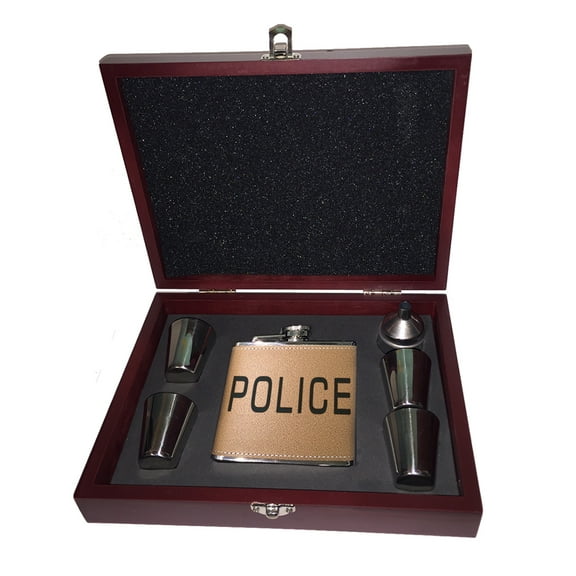 KuzmarK 6 oz. Leather Flask Set in Rose Wood Presentation Box -  Police