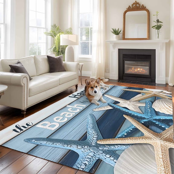 6'x9' Area Rugs, Coastal Beach Indoor Outdoor Area Rug for Living Room Bedroom, Ocean Starfish Farmhouse Plank Washable Bathroom Rugs Kitchen Floor Carpet Mats Home Decor Aesthetic