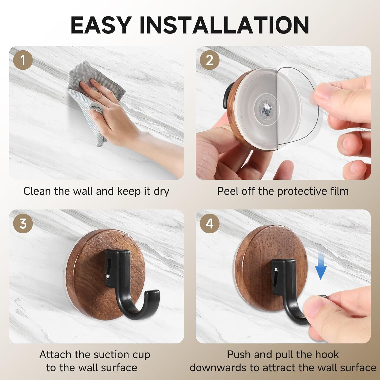 FRKSMD-Walnut Suction Cup Hooks - Waterproof No Drill Removable & Reusable Wreath Hanger Wood Wall Hooks for Bathroom Kitchen Tile Glass Mirror, Unique Grain Each - 3 Pack(J)