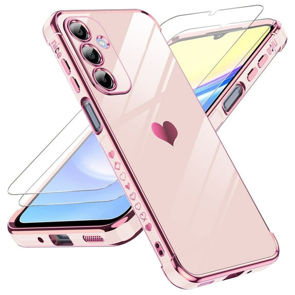 LeYi for Samsung Galaxy A16 Case: Soft Cute Shockproof Slim Phone Cover with Tempered Glass Screen Protector [2 Pcs] - Heart Funda Para Samsung Galaxy A 16, Pink