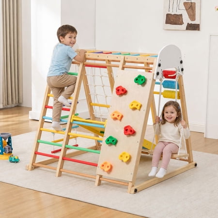 Foldable Kids Climbing Frame & Slide Wooden Toddler Playground with Swing Monkey Bars Climbing Rock Abacus Game – Indoor Outdoor Playset for Ages 3+ Natural Wood 176LBS Capacity (9-in-1S)