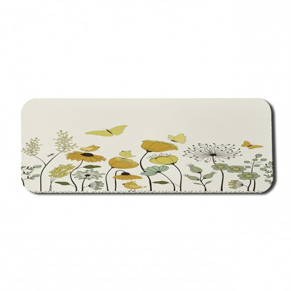 Spring Computer Mouse Pad, Polka Dot Winged Butterflies Flying over Poppy Flowers and Tulips, Rectangle Non-Slip Rubber Mousepad Large, 31" x 12" Gaming Size, Earth Yellow Pale Green, by Ambesonne
