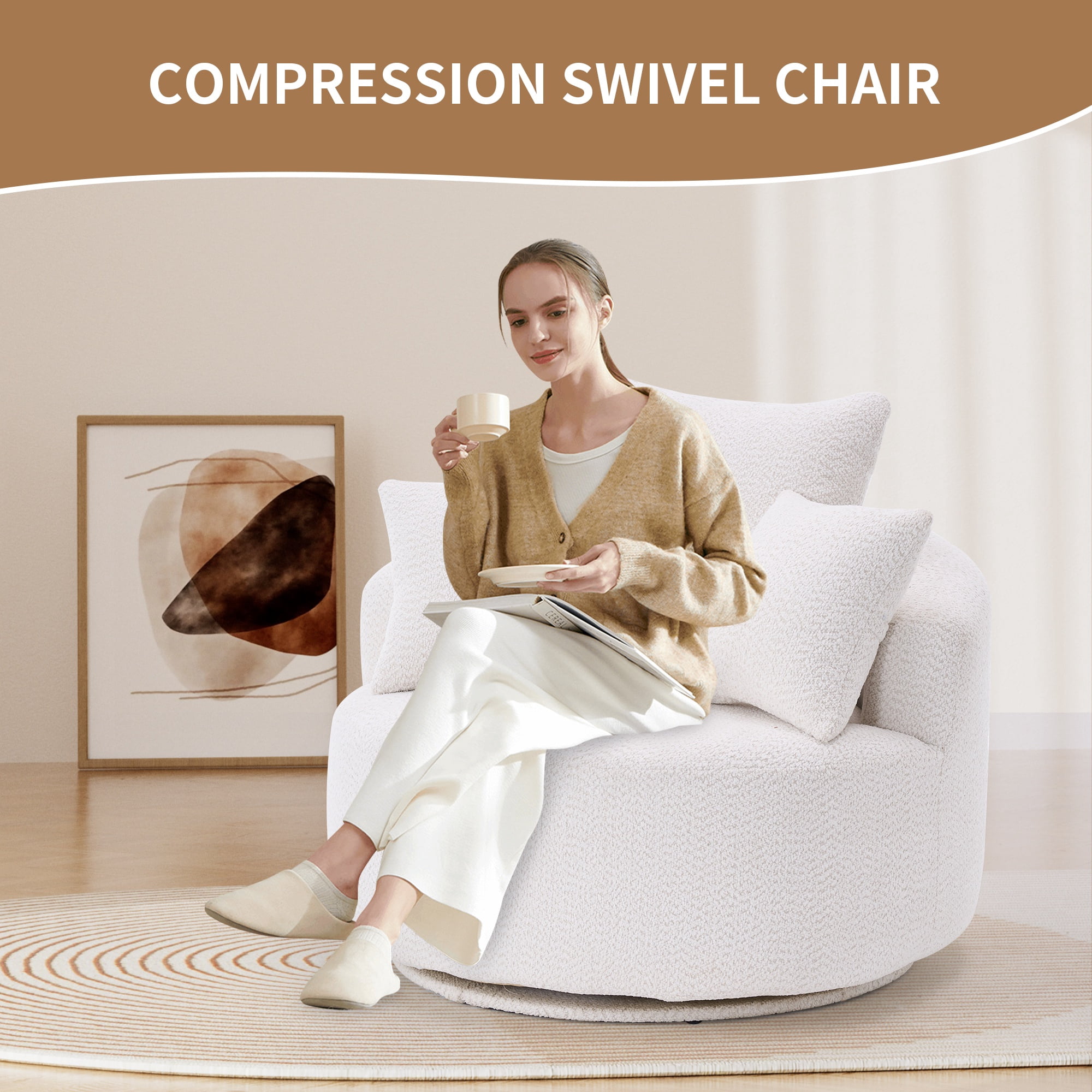 PORKISS Oversized Swivel Accent Chair Barrel Chair, Crochet Yarn Upholstered Armchair with 3 Pillows, Round Armchair Leisure Sofa Chair for Living Room Office Lounge Hotel, White