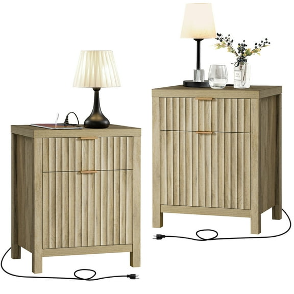 OAKHAM 2 Drawer Nightstands with Charging Station, Farmhouse Bedside Tables with usb, Set of 2