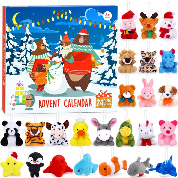 Calendario de Adviento navideño FLY2SKY 2024 para niños con juguetes de peluche