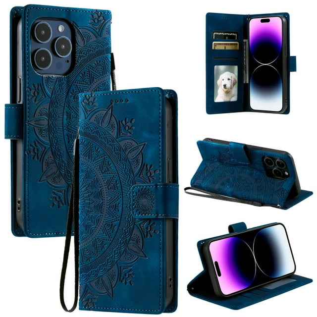 Étui à Rabat pour iPhone 16 Pro Max, Portefeuille en Cuir PU Premium avec Fleurs en Relief Totem, Porte-Cartes et Support Compatible avec iPhone 16 Pro Max - Bleu
