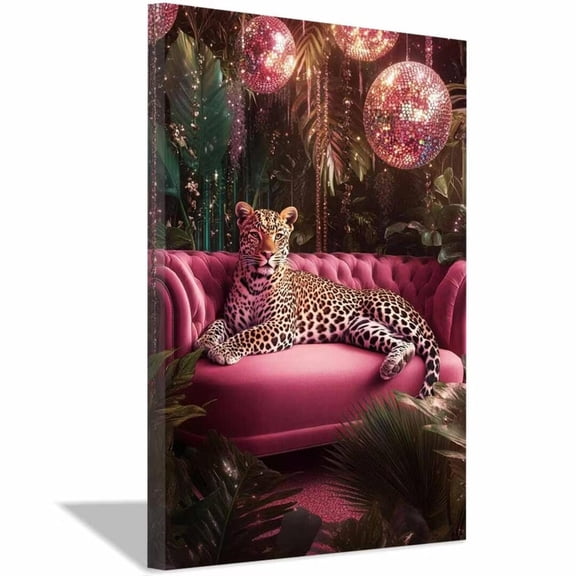 Mudket Framed Leopard on Pink Sofa Canvas Wall Art, Disco Jungle Animal Print Wall Decor, Ready to Hang for Party Room Bedroom - 12"L x 8"W