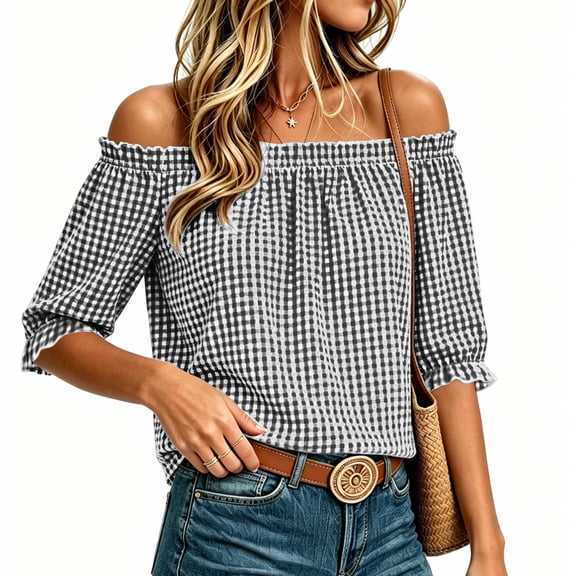 Ayolanni Ruffled Womens Blouses Plaid V-Neck Elastic Short Sleeve Blouse Casual Loose Puff Off the Shoulder T-Shirt Tops for Women Black L