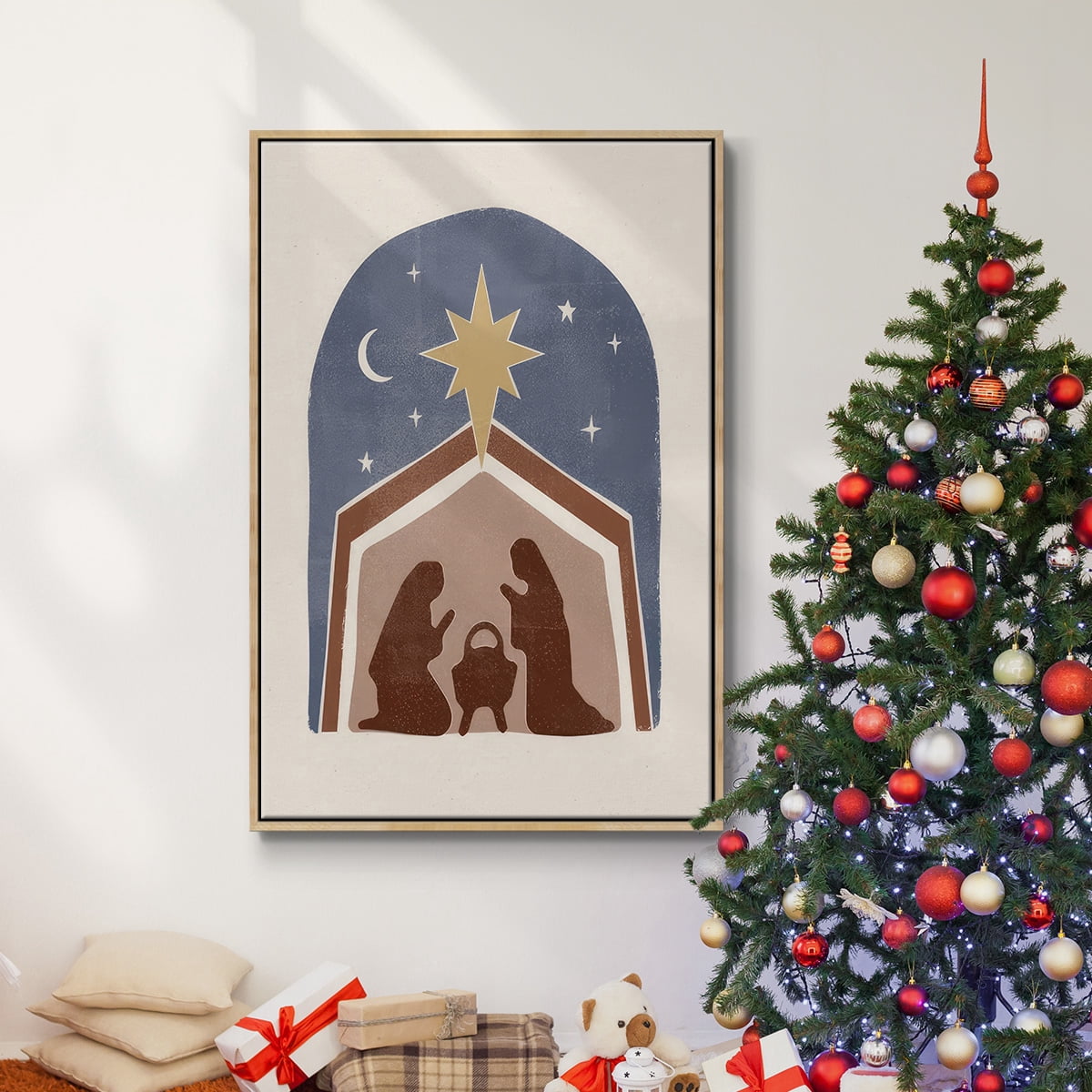 Boho Nativity I - Framed Gallery Wrapped Holiday Canvas - 27 x 41 - Natural Wood Frame