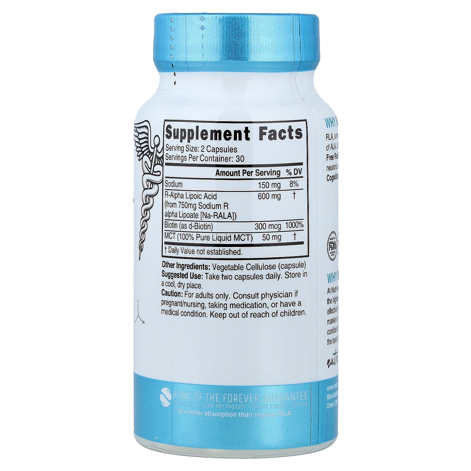 Nutri R-Alpha Lipoic Acid+ With Biotin & MCT, 60 Vegan Capsules