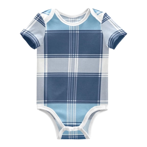 Blue and White Scottish Tartan Plaid Pure Cotton Bodysuit Short Sleeve Pajamas One-Piece Romper Unisex 3 Months