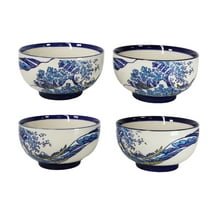 Pack Of 4 Blue Japanese Hokusai Great Wave Ceramic Soup Rice Salad Bowls 22oz