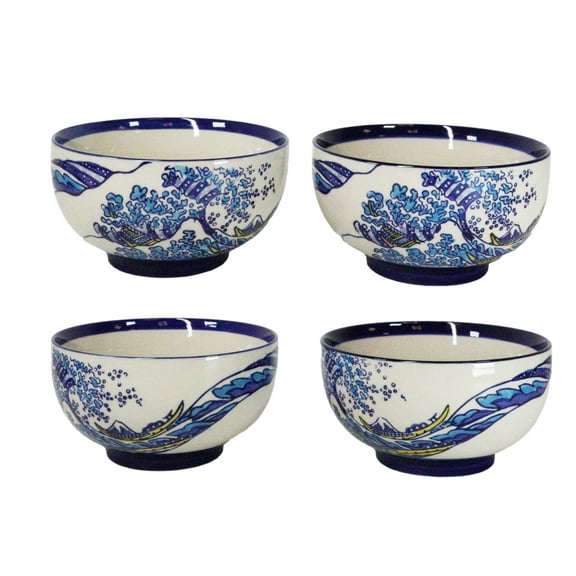 Pack Of 4 Blue Japanese Hokusai Great Wave Ceramic Soup Rice Salad Bowls 22oz