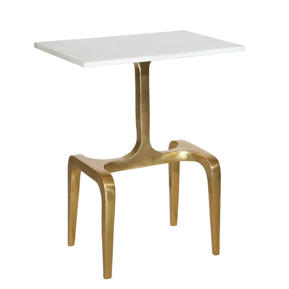 Rectangular Marble Top Accent Table with 4 Leg Support, White and Gold