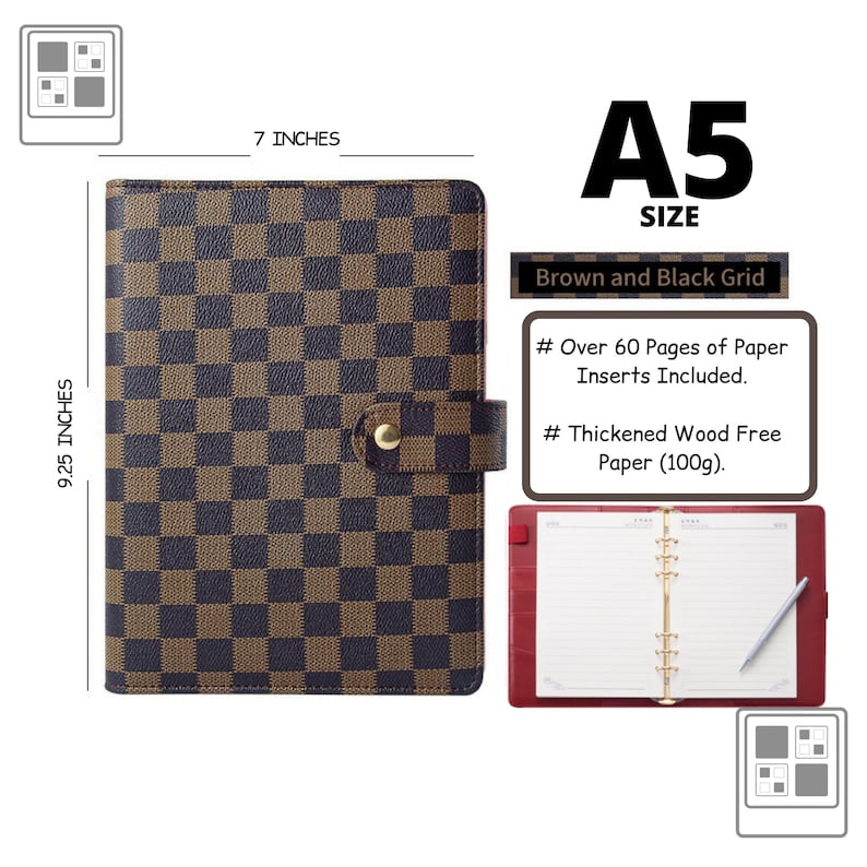 Luxury A5 Size Checkered & Black Quilted Agenda Planner, 6-RING Binder, Journal, Diary, Notepad