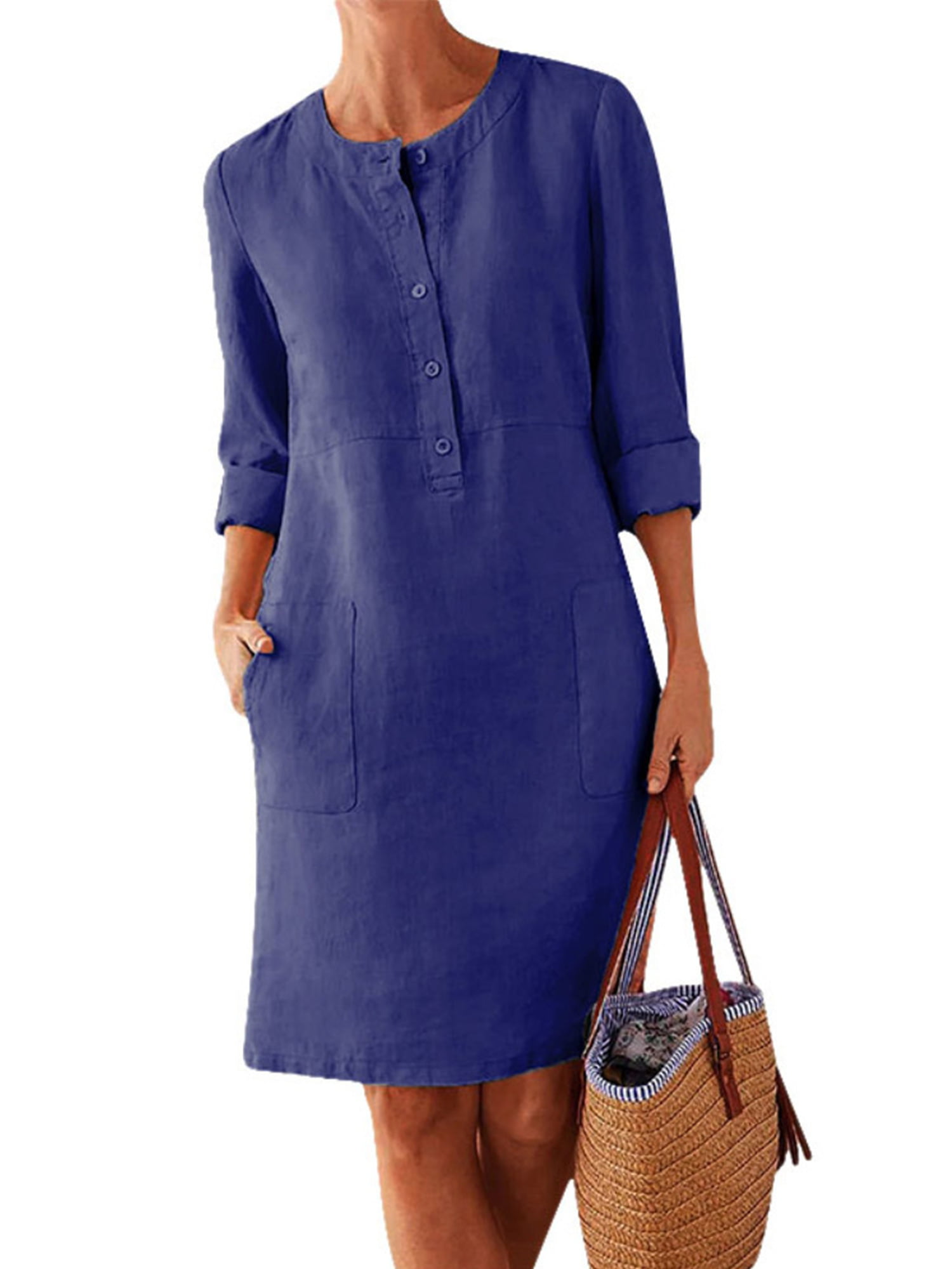 Womens Casual Dresses Plus Size,Vintage Half Sleeve Cotton Linen V-Neck Tunic Dress Loose Tunic Dress S-5XL Clearance 