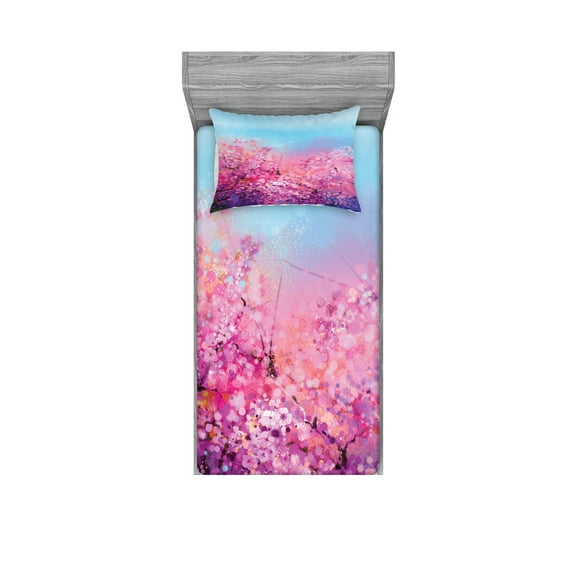 Ambesonne Japanese Fitted Sheet & Pillow Sham Set, Cherry Spring Theme, Twinxl, Purple Pale Blue