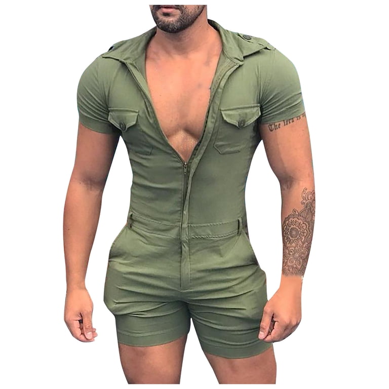 Oanviso Combinaison à Manches Courtes/Sans Manches pour Hommes Casual Barboteuse Légère Confortable Grenouillères Slim Fit Salopette Romper Plusieurs Styles Eté Respirable Jumpsuit A Bleu XS