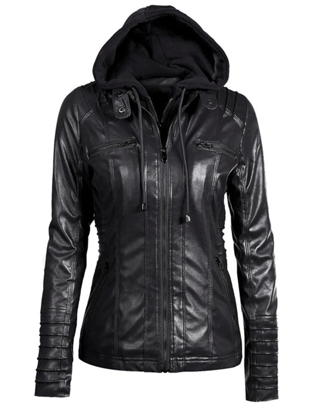 Full-Zip O Neck Long Sleeve Synthetic Leather Hooded Jacket Tops for ...