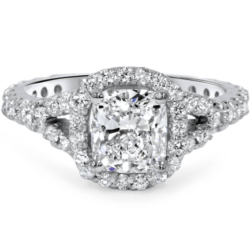 4 CT Cushion Cut Diamond Halo Split Shank Engagement Wedding 14K White Gold Ring 