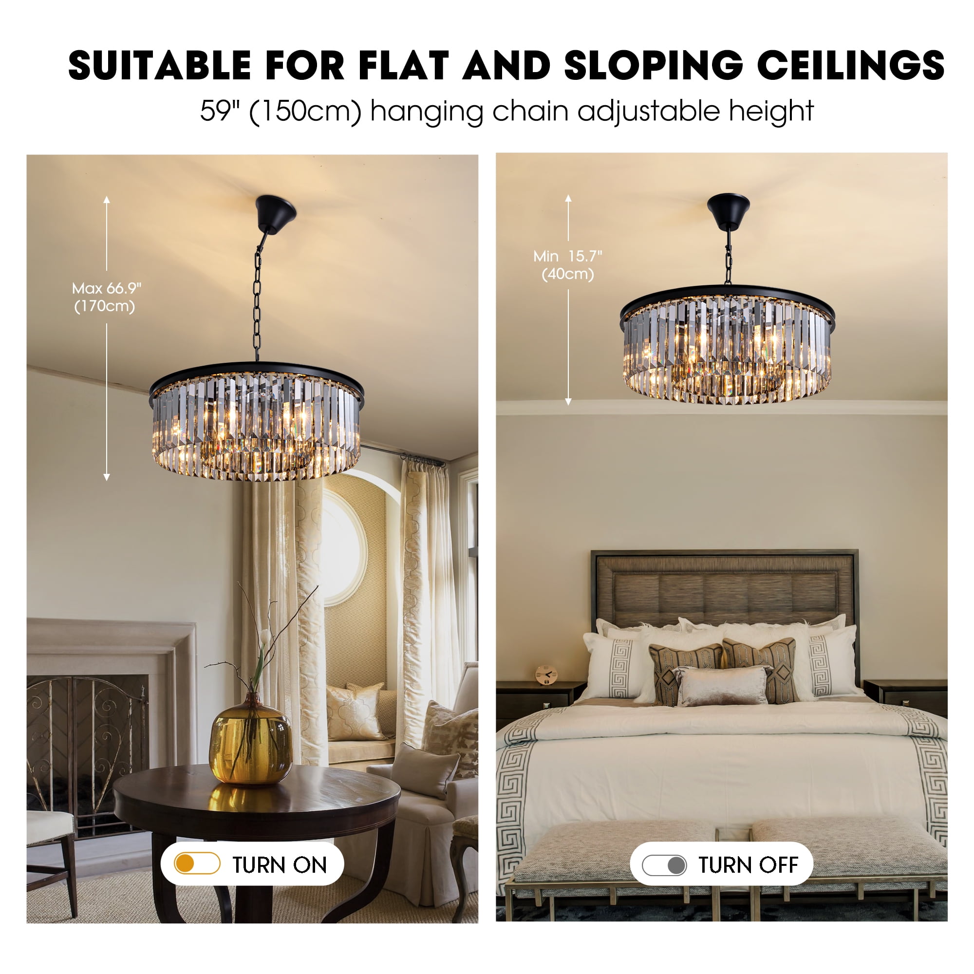 HOOMEDELIER 22" Modern Black Crystal Chandelier, Round 6-Light Pendant for Dining Room & Kitchen