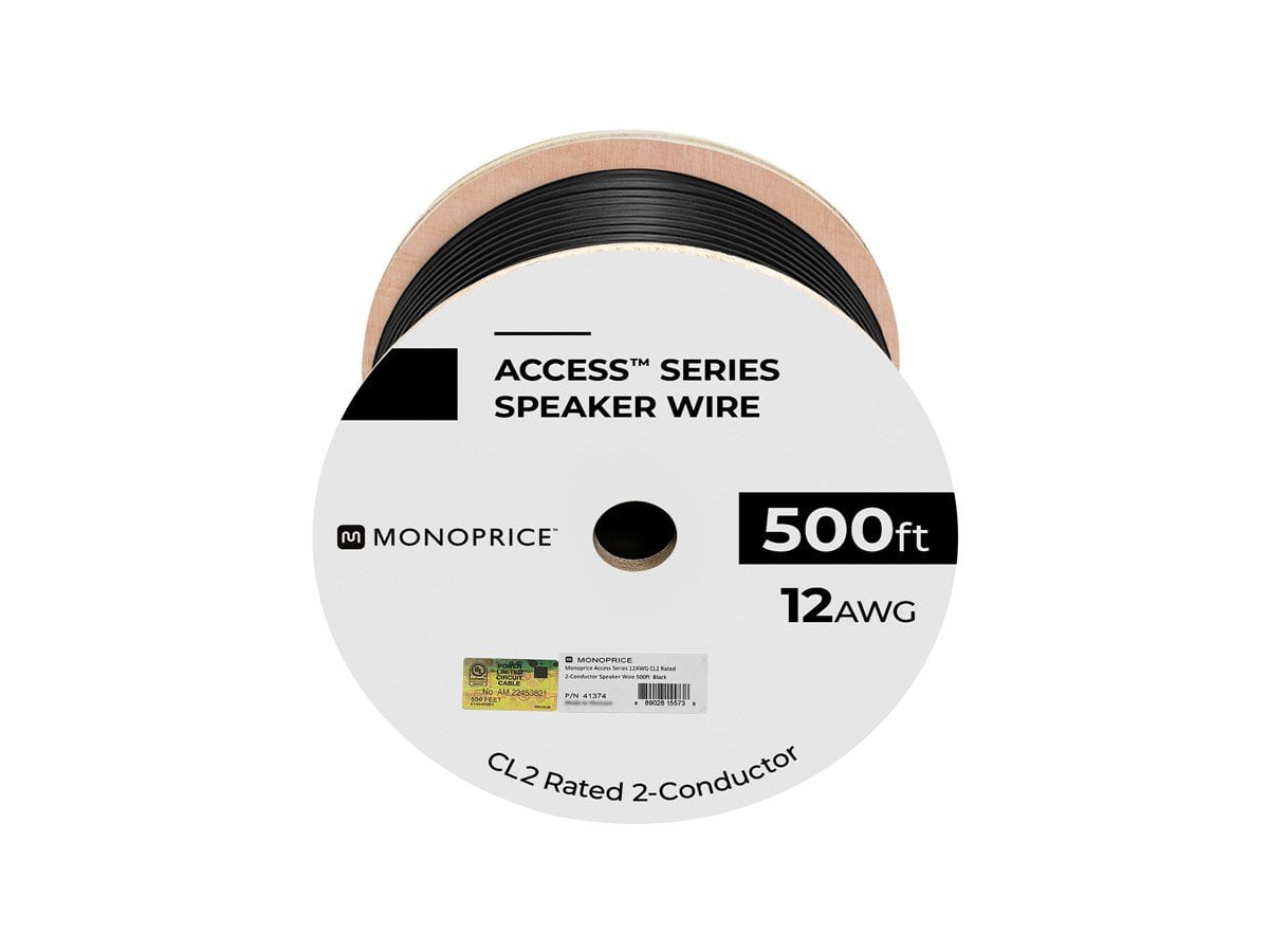 Monoprice Speaker Wire, CL2 Rated, 2-Conductor, 12AWG, 500ft, Black