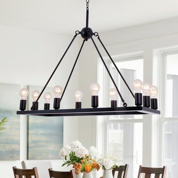 Metal Rectangle Chandelier Farmhouse Kitchen Island Lights Antique Rustic Industrial Pendant Chandeliers Light Fixture for Dining Room Cafe Hallway Entryway 10 Lights L31.5 Inches Black